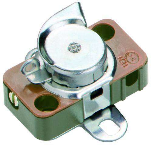 Interruttore a levetta con cappuccio metallico e due fori di fissaggio su base in plastica marrone.