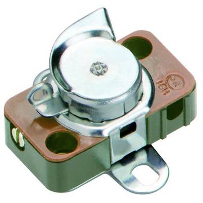Interruttore a levetta con cappuccio metallico e due fori di fissaggio su base in plastica marrone.