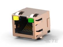 Una spina Ethernet con marcature colorate. Il connettore è rettangolare e mostra i contatti interni.