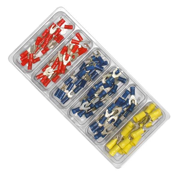 Una scatola di plastica con diversi capicorda isolati in rosso, blu e giallo, ordinati per tipo e colore.