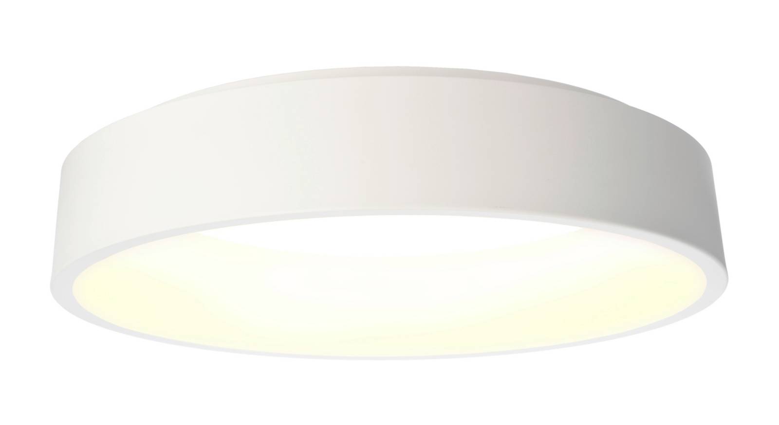 Una plafoniera LED circolare bianca dal design semplice e moderno. Illumina con un tono giallo caldo.