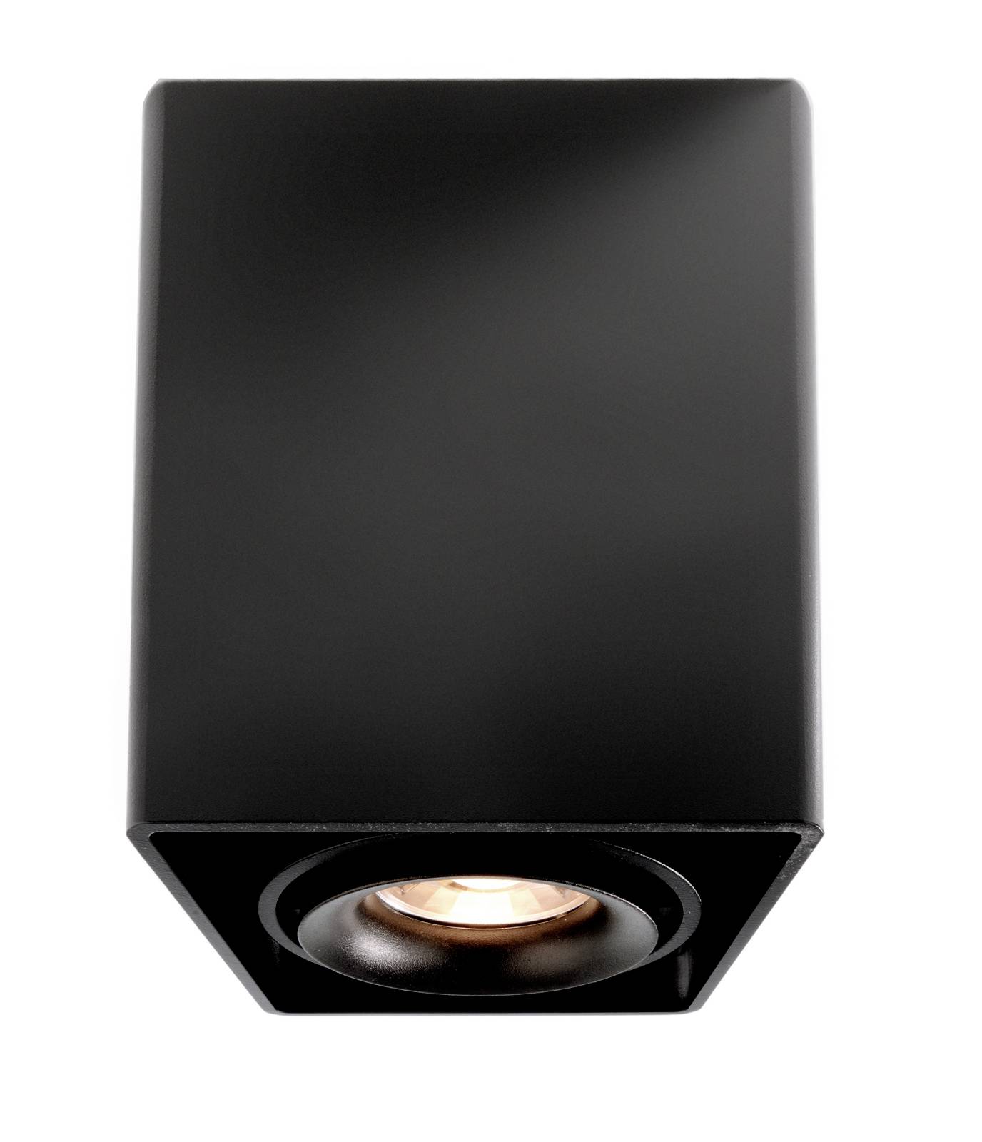 Lampada da soffitto nera con design moderno rettangolare e elemento luminoso rotondo visibile al centro.