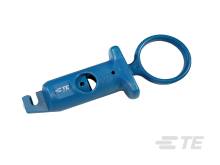 Utensile blu in plastica con impugnatura rotonda e gancio, utilizzato per rimuovere o installare sigilli antimanomissione.