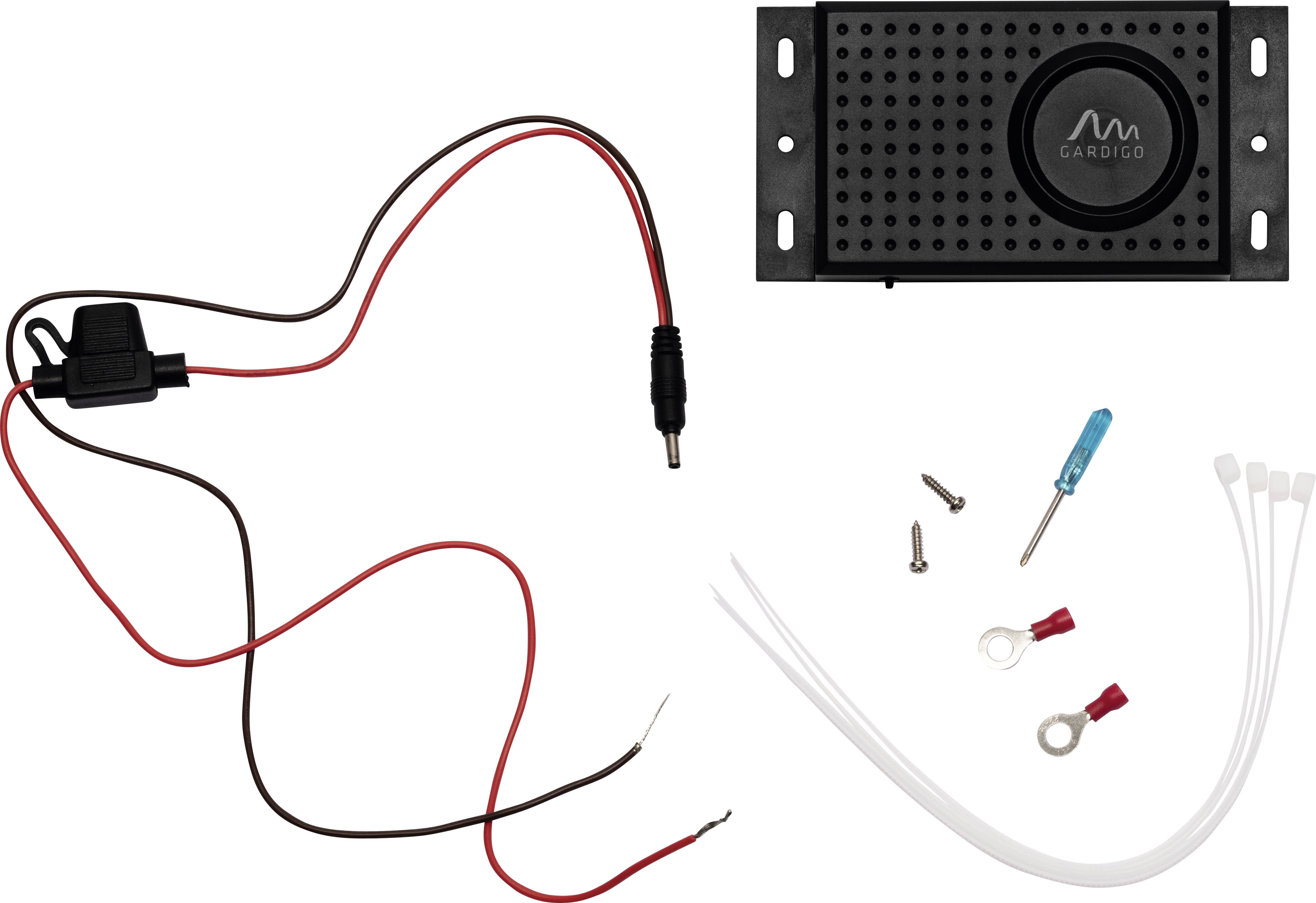 Set di cavi con altoparlante, viti, connettori e fascette per installazioni elettroniche.