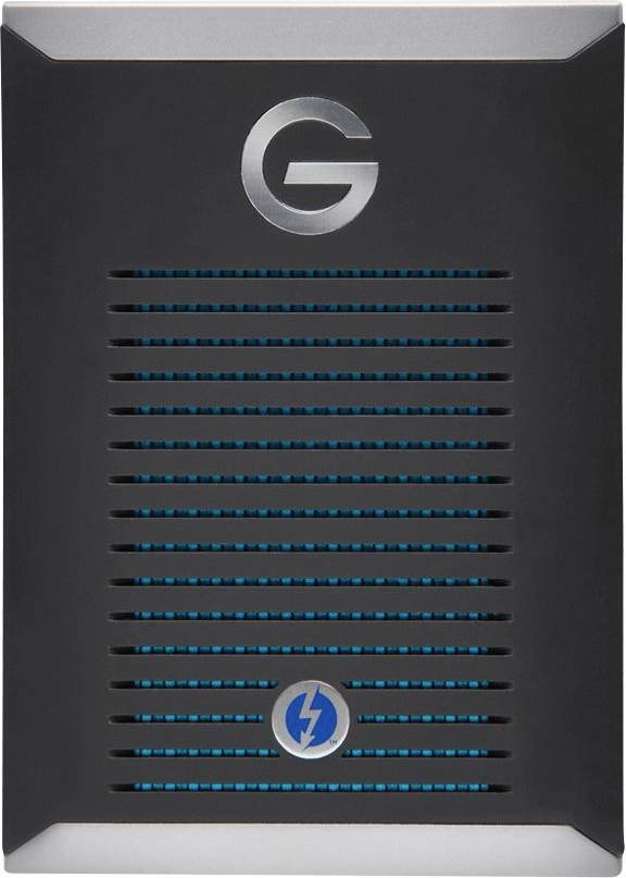 Hard disk esterno con chassis argentato, fessure di ventilazione frontali e connettore Thunderbolt.