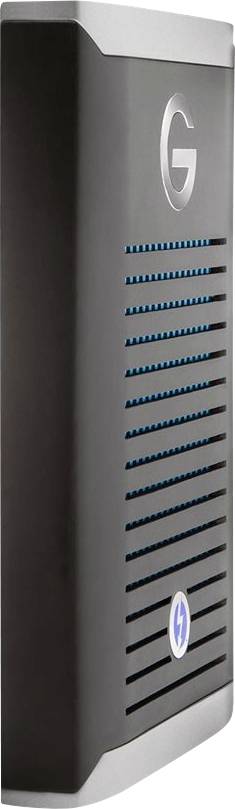 Custodia esterna nera per hard disk con fessure di ventilazione blu e un logo 'G', che simboleggia un supporto di archiviazione.