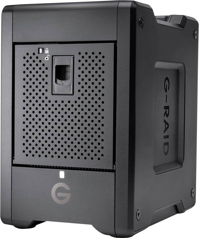Un involucro esterno nero per hard disk con la scritta 'G-RAID', feritoie di ventilazione e un lucchetto per l'archiviazione dei dati.