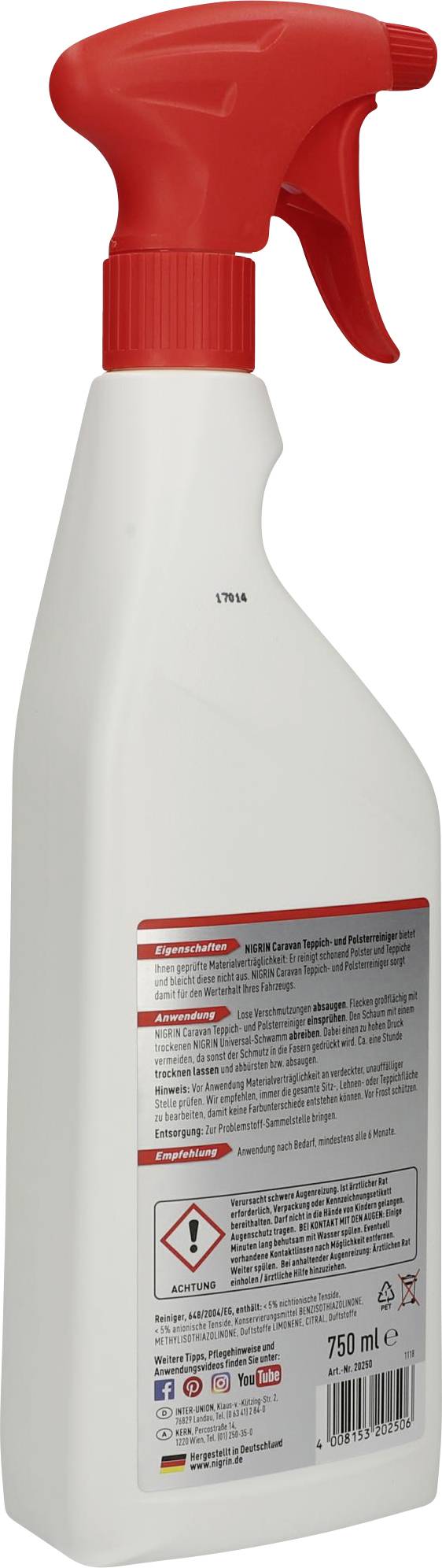 Detergente spray bianco con impugnatura rossa del grilletto, 750 ml. Etichetta con avvertenze e informazioni di sicurezza sul retro.