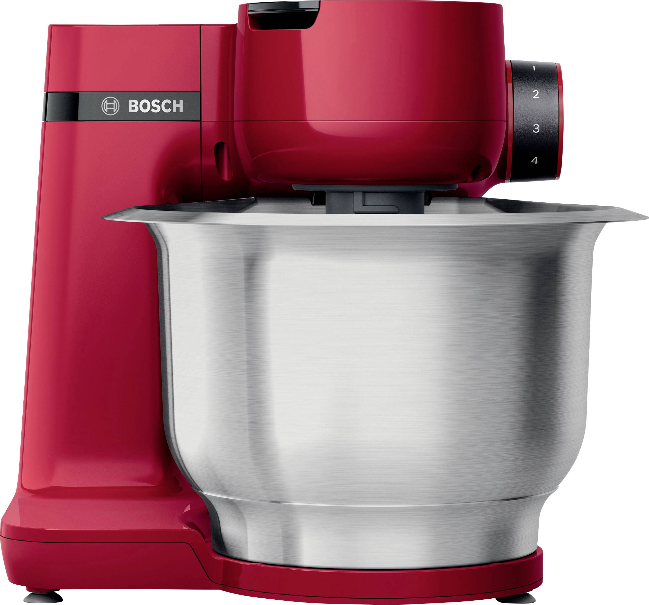 Impastatrice Bosch rossa con ciotola in acciaio inox, regolazione della velocità da 1 a 4, adatta per miscelare e impastare l'impasto.