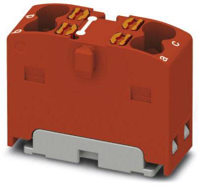 Morsettiera rossa in plastica con quattro attacchi, adatta per connessioni elettriche in applicazioni industriali.