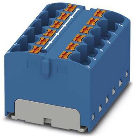 Un blocco morsetti elettrici blu con più morsetti di connessione in arancione e grigio per il fissaggio di fili elettrici.