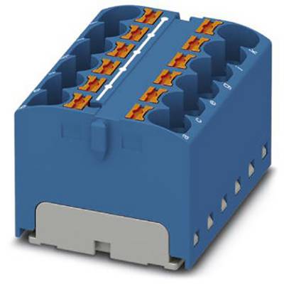 Un blocco morsetti elettrici blu con più morsetti di connessione in arancione e grigio per il fissaggio di fili elettrici.