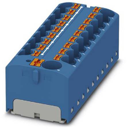 Un connettore elettrico blu con più morsetti arancioni in alto, adatto per applicazioni di cablaggio complesse.