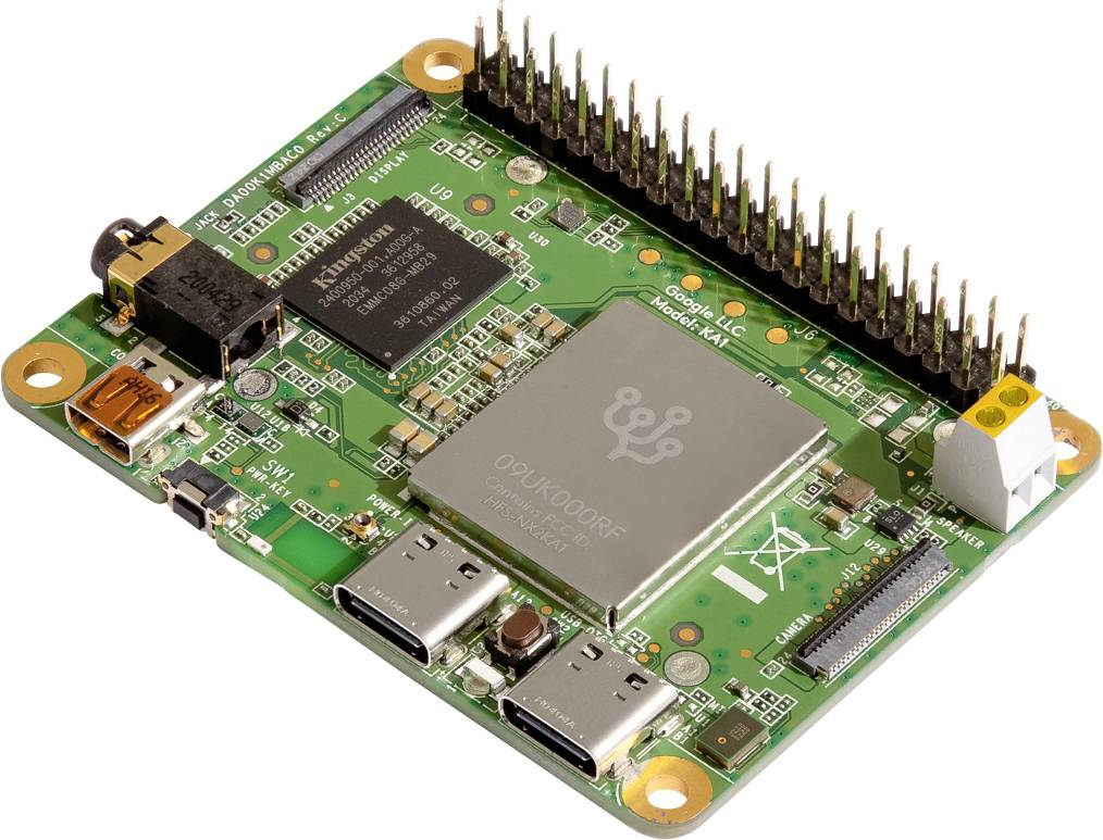 'Scheda verde per computer a singola scheda con più connettori, chip e un pin header, probabilmente una scheda di sviluppo.'