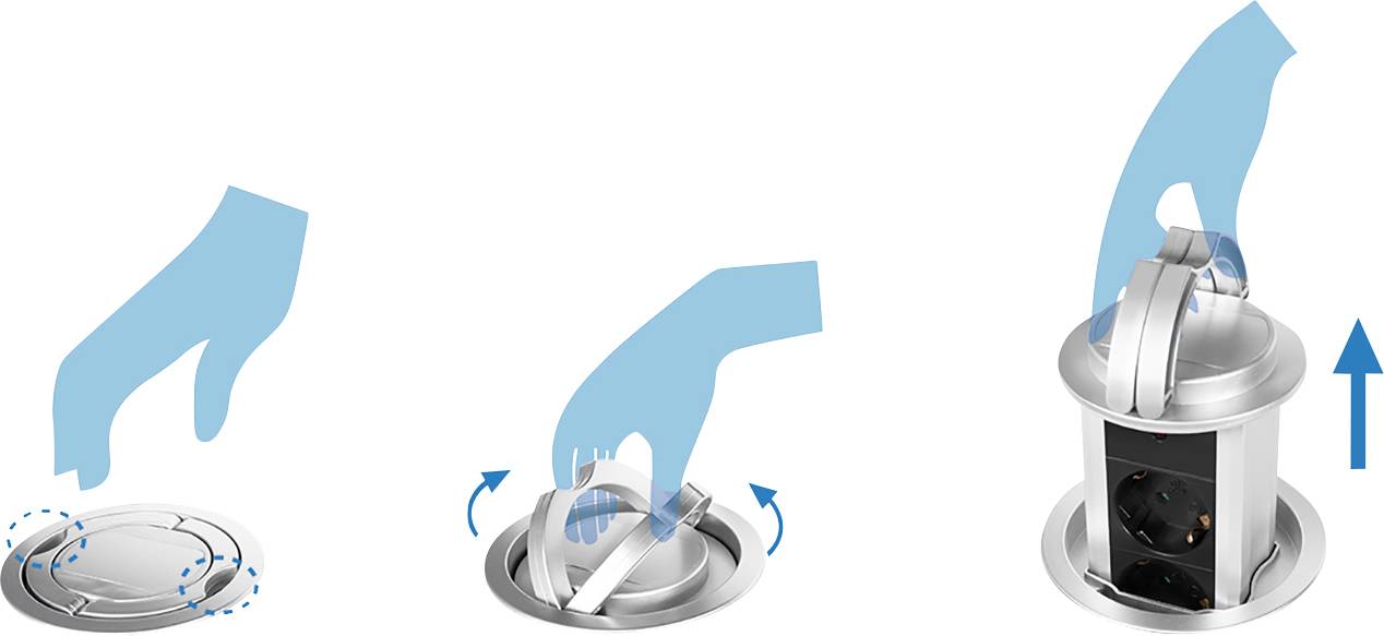 Tre passaggi per utilizzare un sistema di prese a scomparsa: aprire il coperchio, estrarre la spina, sollevare per un accesso completo.