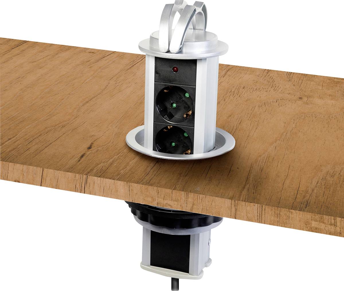 Presa da tavolo a scomparsa integrata in una lastra di legno. Mostra due slot per spine elettriche e una porta USB, ideale per soluzioni compatte in ufficio.
