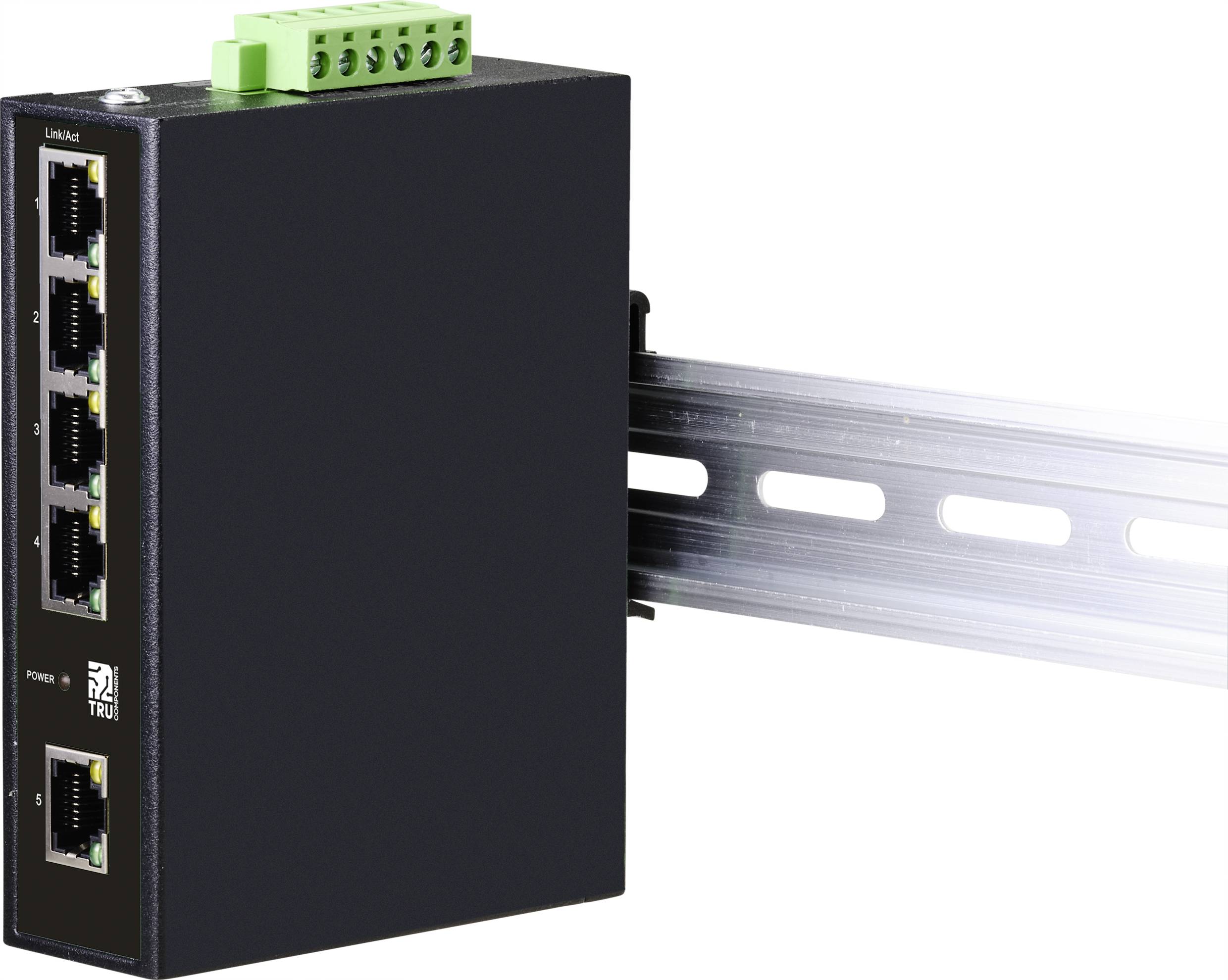 Switch di rete nero con cinque porte Ethernet e barra di connessione verde, montato su una guida DIN metallica.