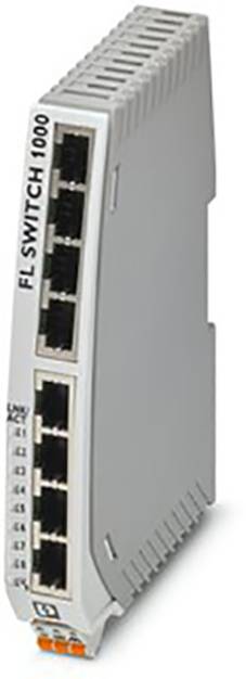 Un switch di rete grigio con otto porte Ethernet, orientato verticalmente. Etichettato con 'FL SWITCH 1000' sul lato sinistro.