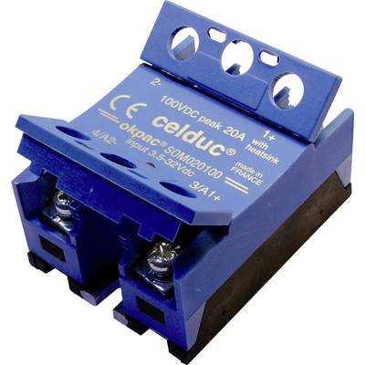 Un relè statico blu Celduc con denominazione modello SOM020100, idoneo per ingressi 3-32V DC, picco 100V DC, 20A.