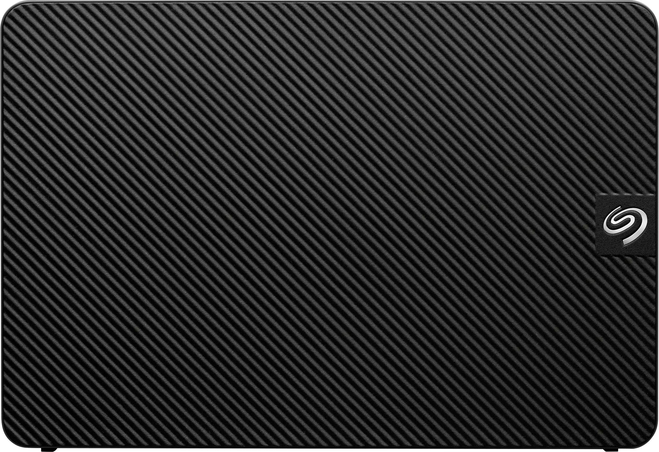 Hard disk esterno con custodia nera e rigata, con un piccolo logo nell'angolo.