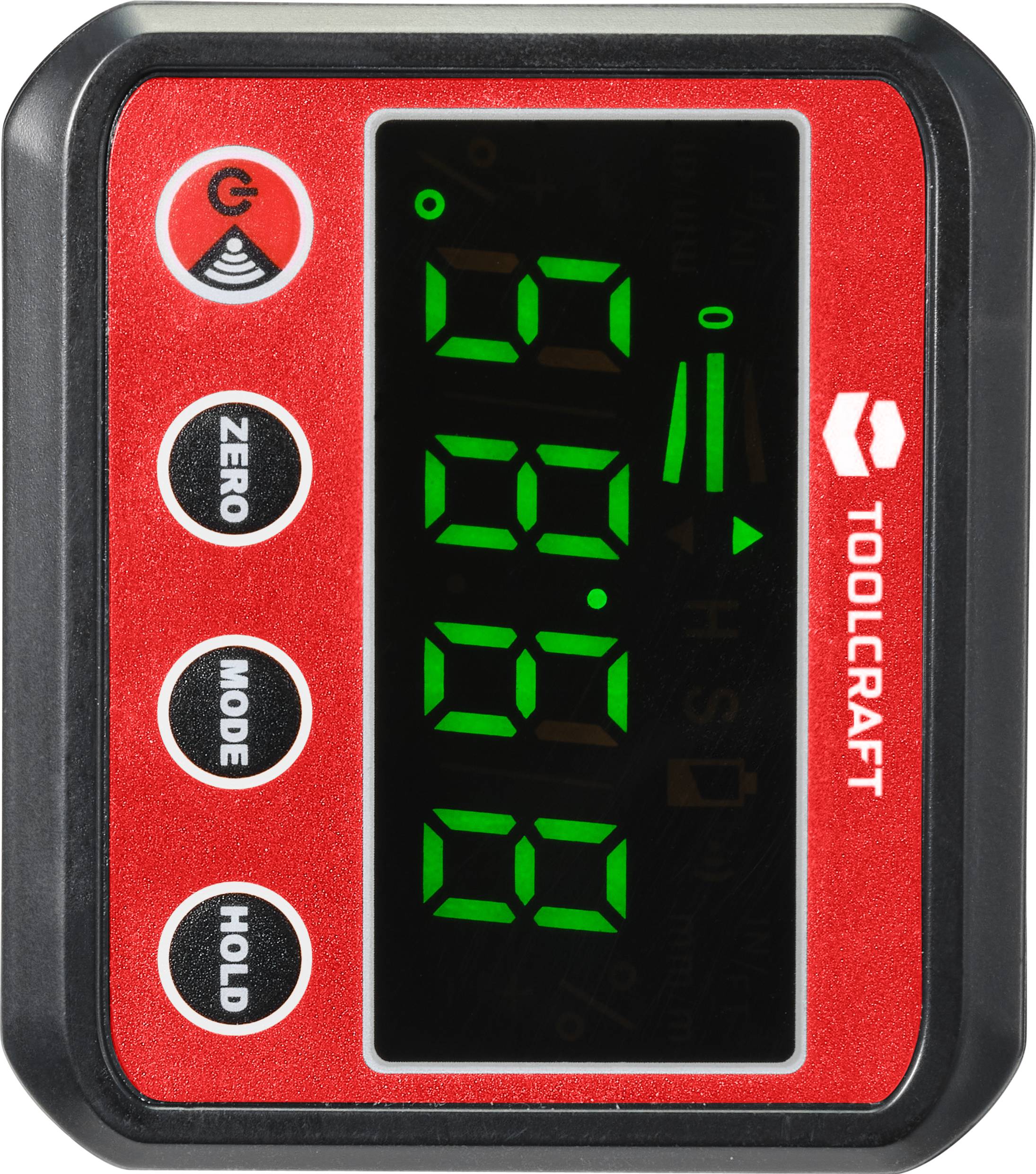 Goniometro digitale con tre tasti: 'Zero', 'Modo', 'Hold'. Display mostra '88.8'. Bordo rosso con logo 'Toolcraft'.
