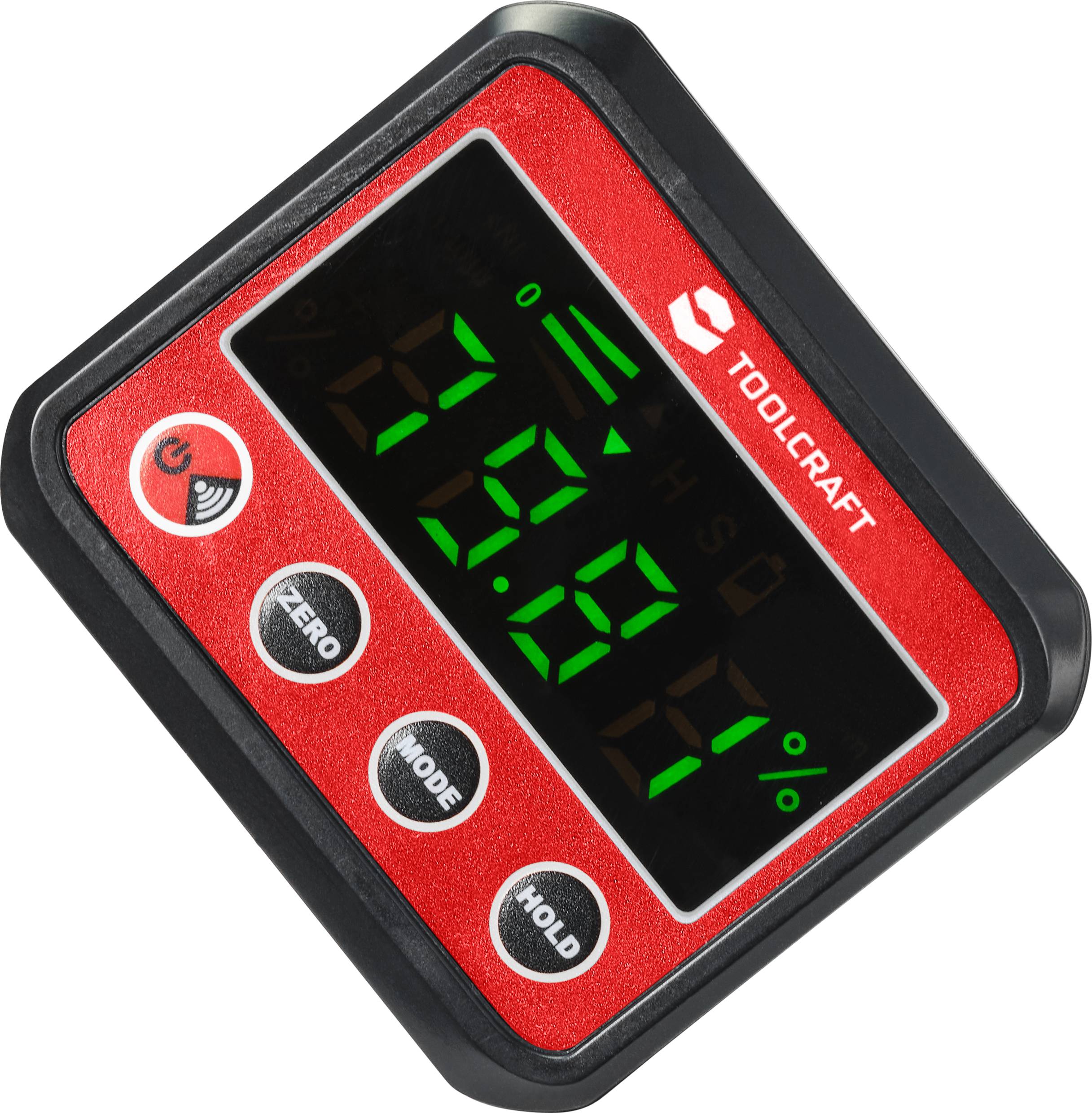 Goniometro elettronico con display digitale che mostra 71,8 gradi. Superficie rossa e nera, tasti per "ZERO", "MODO", "HOLD".