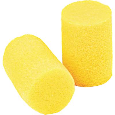 Due tappi per le orecchie in schiuma gialla su sfondo bianco. Sono cilindrici e destinati alla protezione dell'udito.