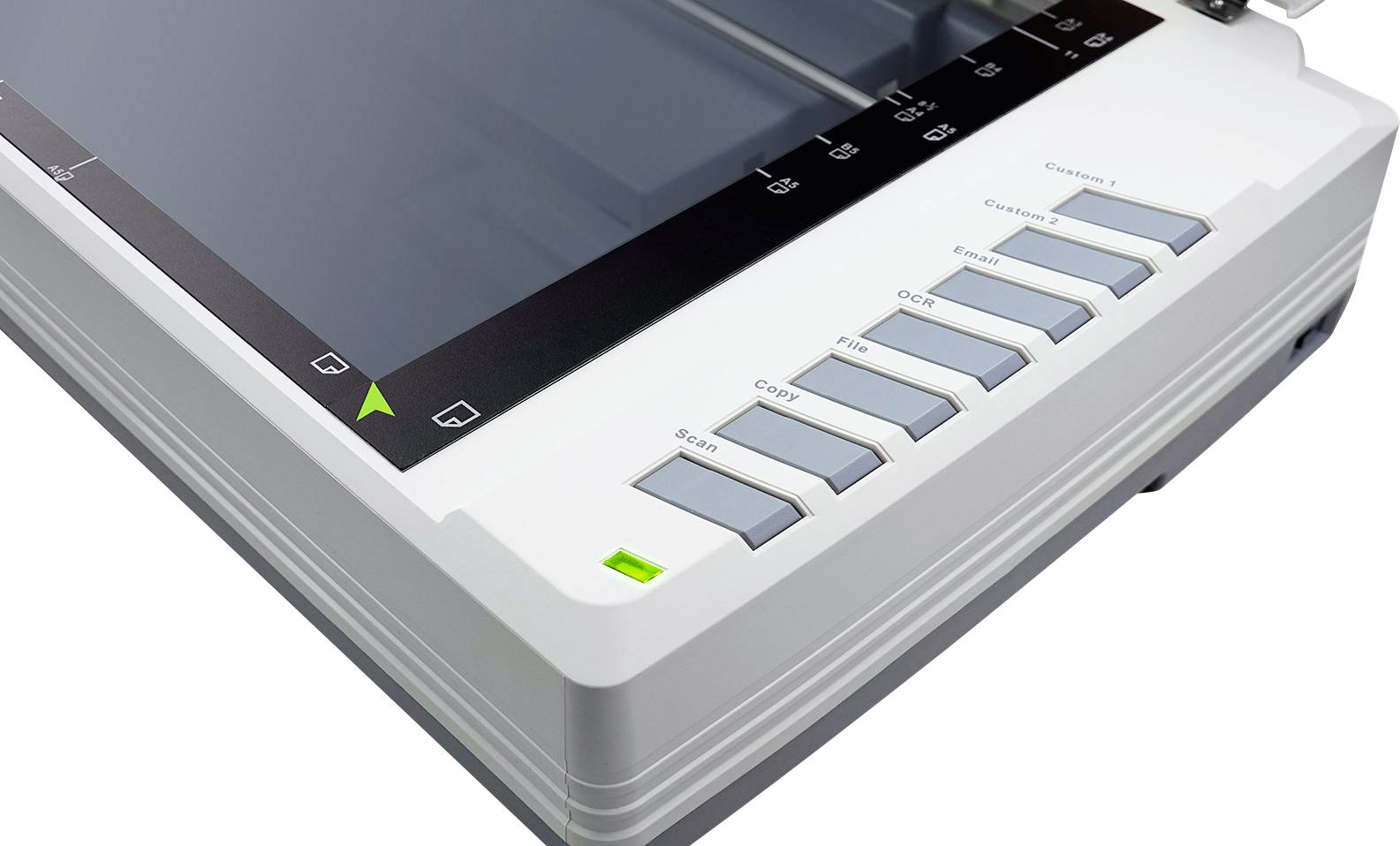 Un scanner con numerosi tasti funzione come 'Scan', 'Copy' e 'OCR' sul lato anteriore, pronto all'uso.