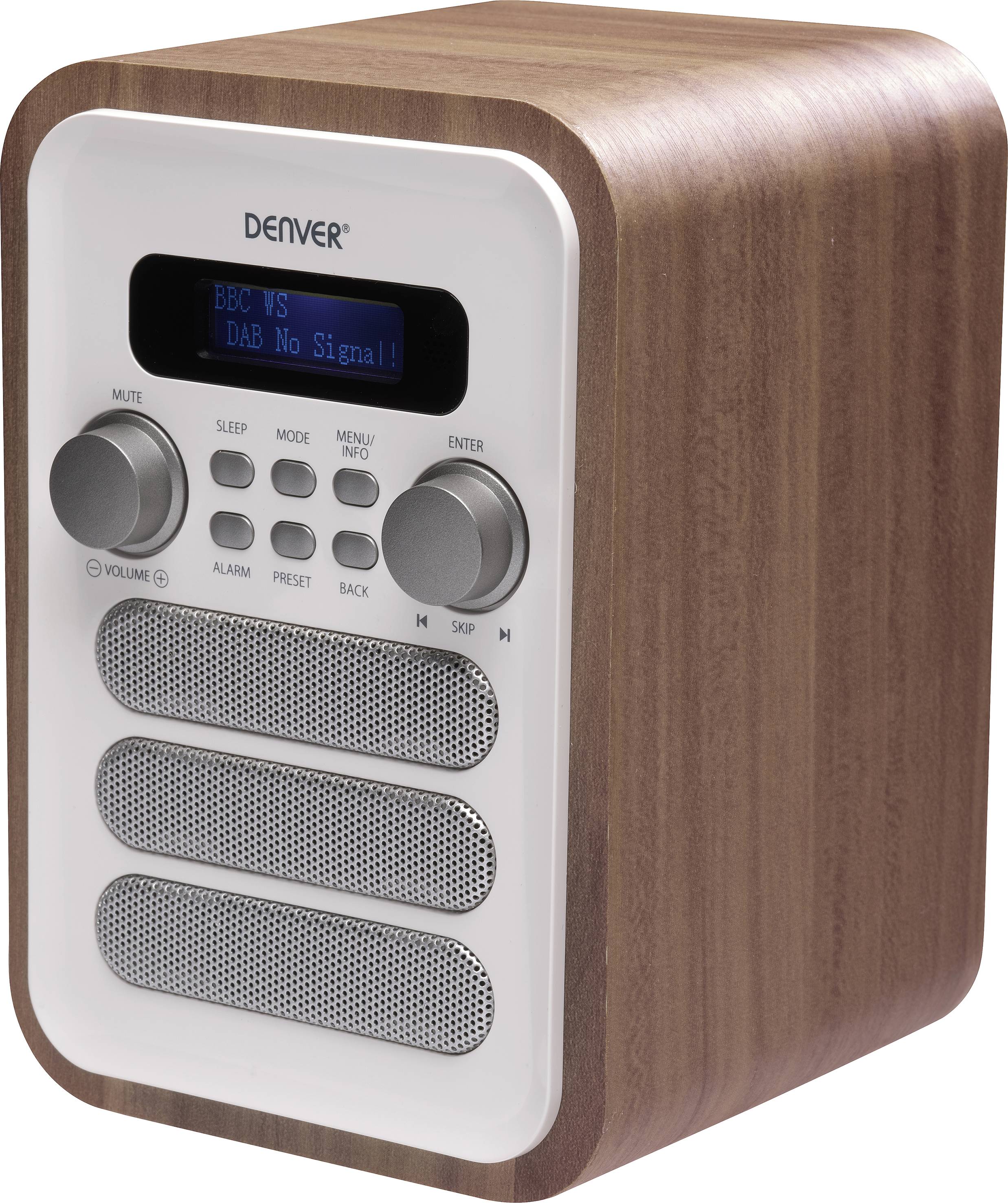 Una radio digitale compatta con custodia in legno, il display mostra 'DAB Nessun segnale'. Comandi e altoparlante visibili.