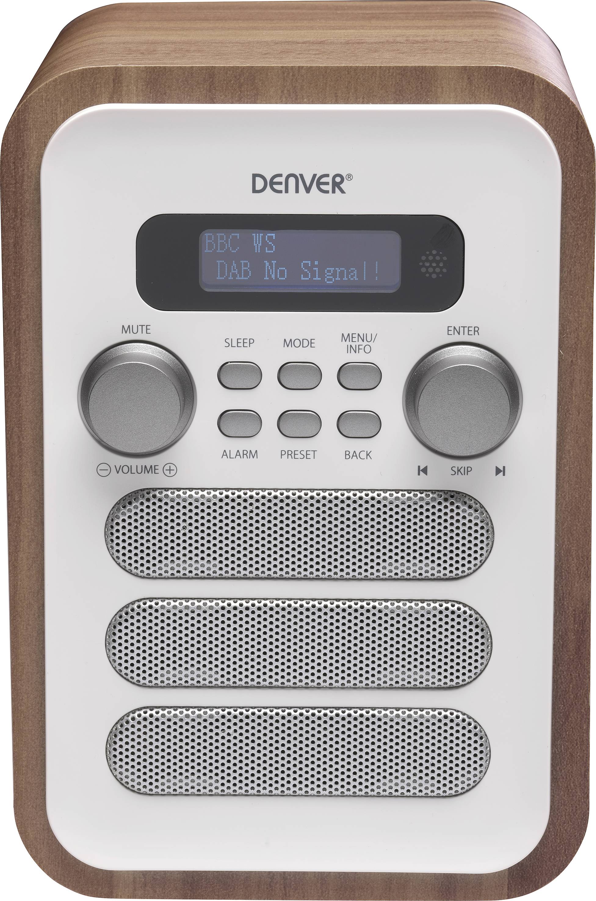 Una radio DAB compatta in legno con display digitale. Mostra il testo 'DAB Nessun Segnale!' e ha diversi pulsanti per il controllo.