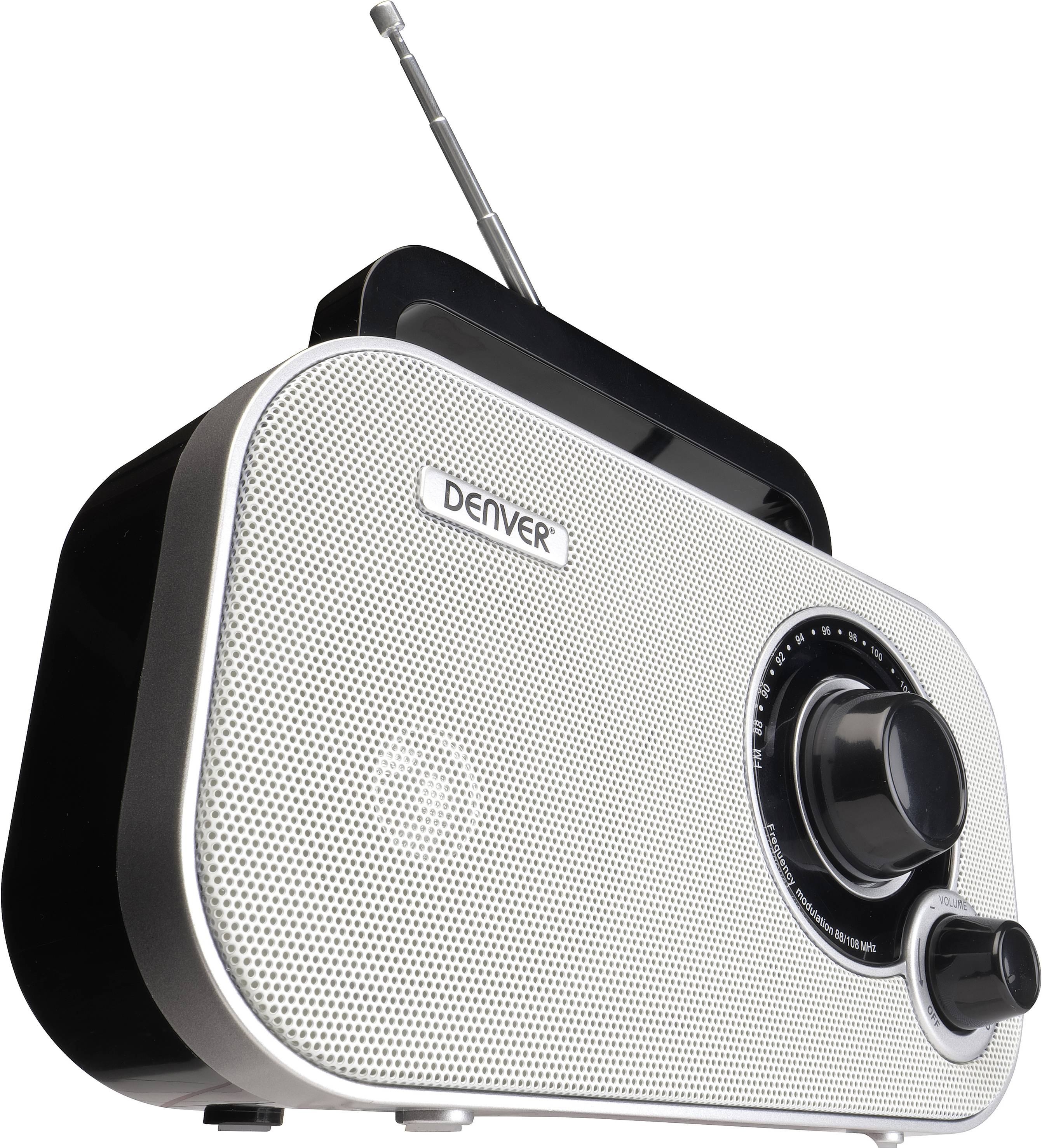 Radio portatile retrò con altoparlante grande e manopola per la sintonizzazione delle frequenze, pannello frontale argentato, antenna telescopica.