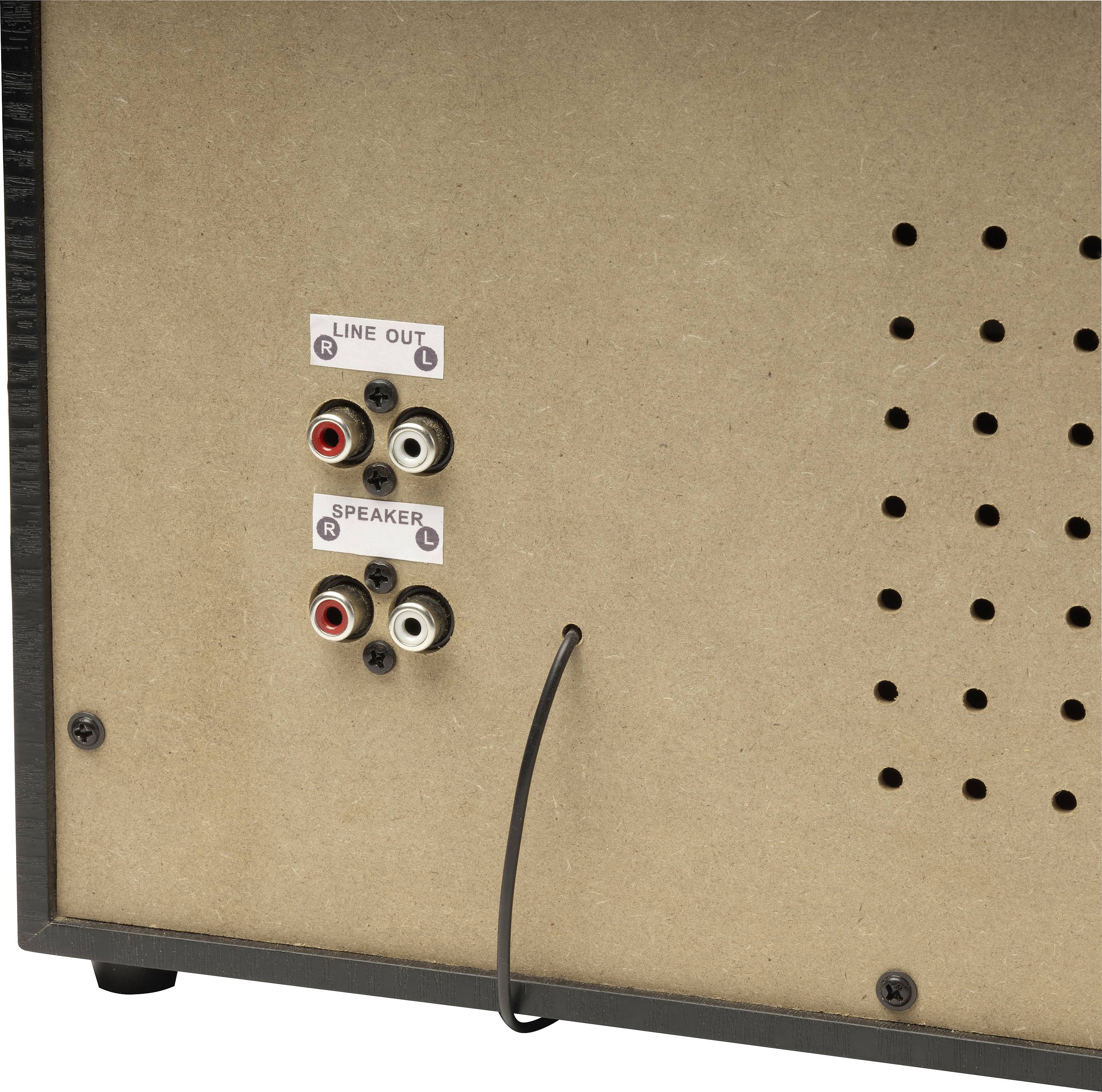 Retro di un amplificatore in legno con uscite Line Out e attacchi per altoparlanti, due prese rosse e due nere, incorniciate da piccoli fori.