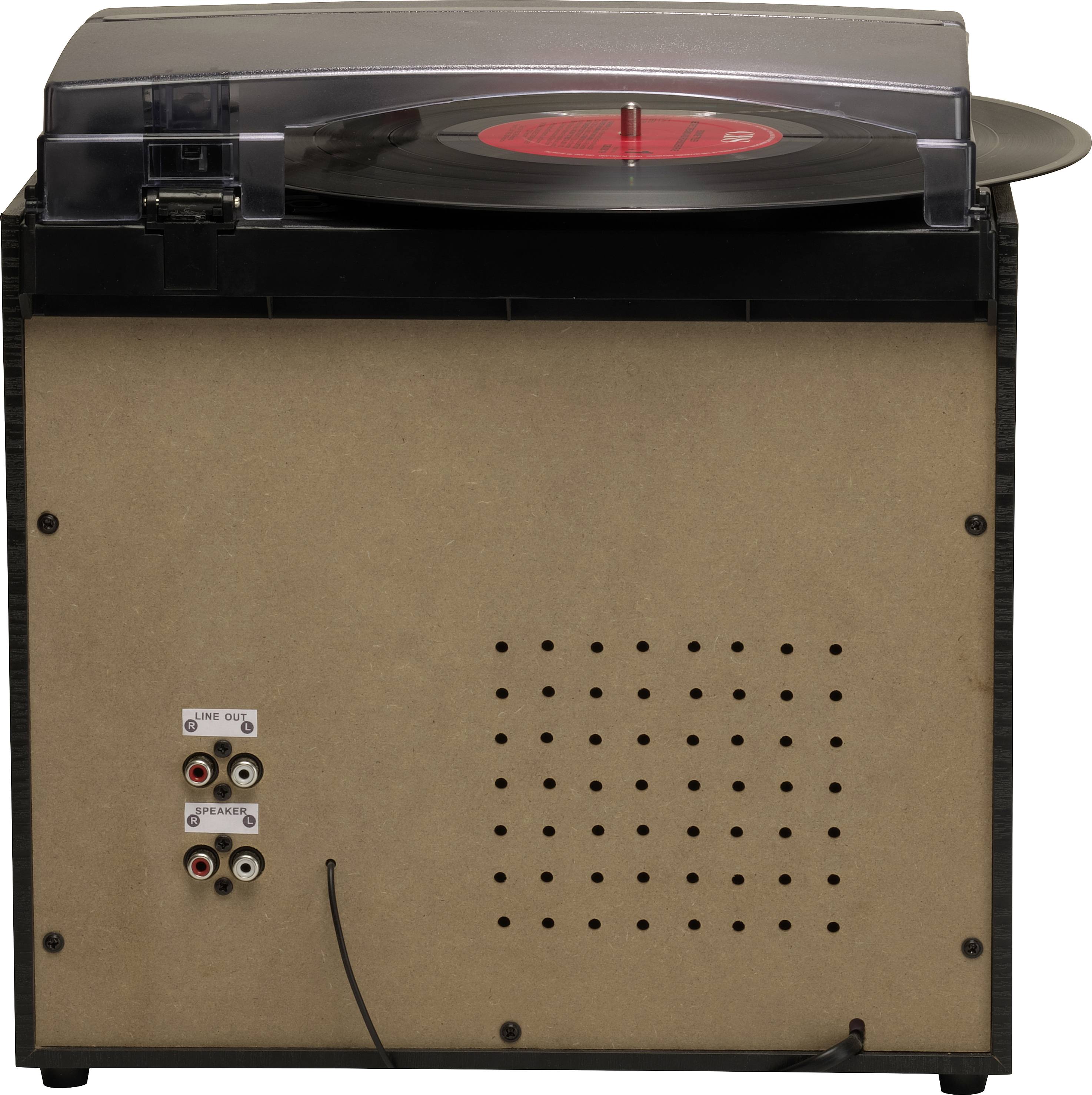 Giradischi visto da dietro con il disco sul piatto. Connessioni e aperture degli altoparlanti visibili sul retro.