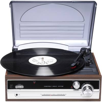 Un giradischi in stile retrò con un disco in vinile posizionato, il coperchio antipolvere è aperto. A sinistra si trovano comandi e indicatori.