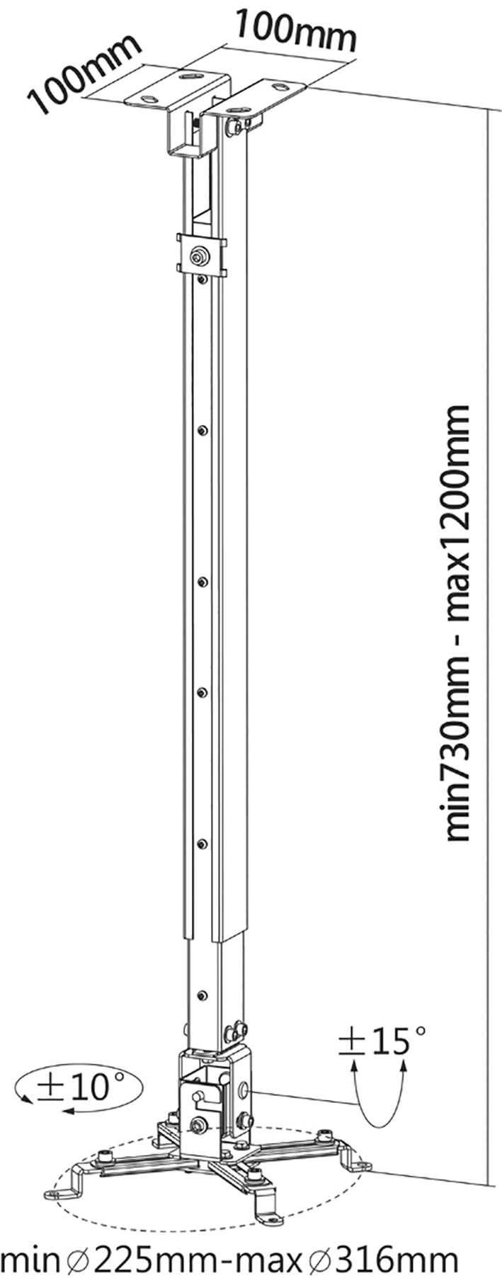 Disegno di un supporto da soffitto regolabile con misure: fissaggio a soffitto 100x100mm, lunghezza 730-1200mm, diametro minimo 225-316mm, inclinazione +10°, +15°.