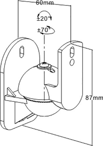 Disegno lineare di un supporto con dimensioni: larghezza 60 mm, altezza 87 mm. Regolabile ±70° verticalmente, ±20° orizzontalmente.