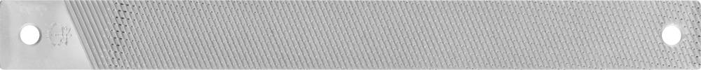 Un'immagine rettangolare con un fine motivo di linee diagonali e due fori bianchi alle estremità, su sfondo grigio.
