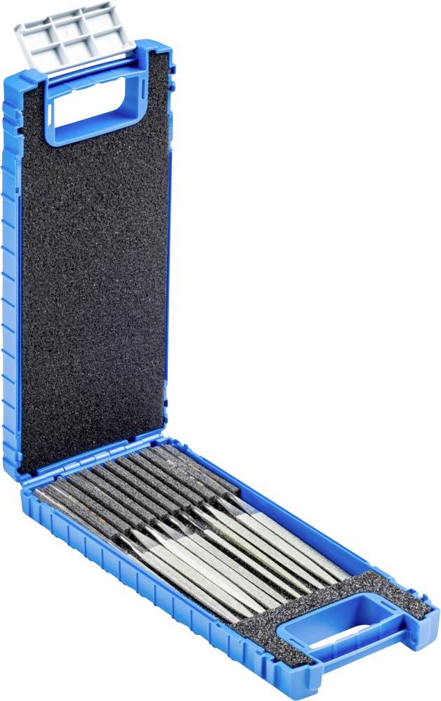 Un contenitore degli attrezzi blu aperto con diverse lime metalliche disposte ordinatamente una accanto all'altra, poggianti su una schiuma nera.