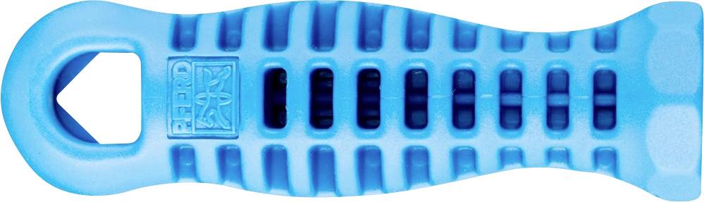 Un apriscatole blu con manico zigrinato e apertura rettangolare, adatto per aprire facilmente confezioni.