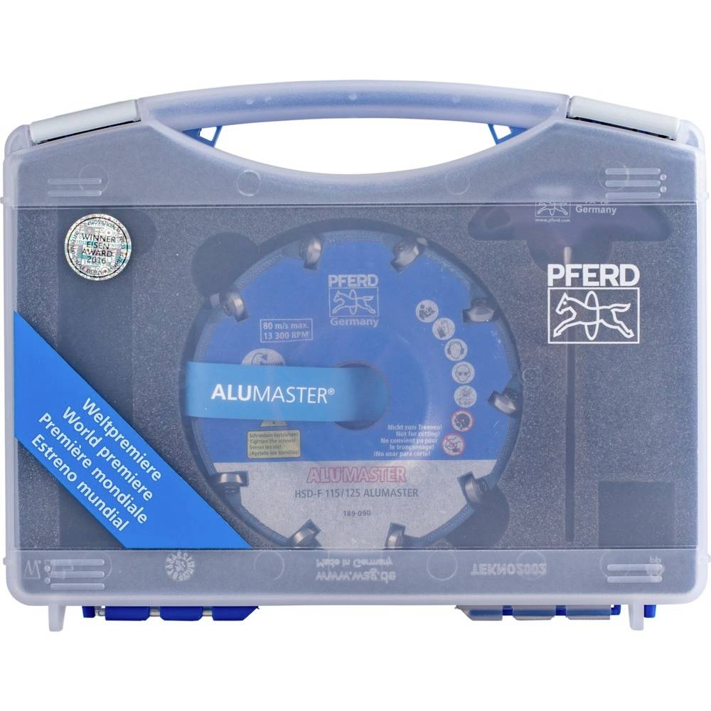 Custodia protettiva per Alumaster di Pferd, con disco da fresare rotondo all'interno. Testo sulla custodia: 'Mondiale in anteprima - Prima mondiale'.