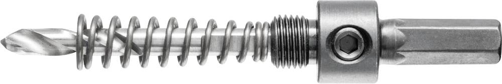 Mandrino porta-utensile in metallo con meccanismo a spirale con caricamento a molla e attacco esagonale, adatto per forature precise in ambienti di lavoro.