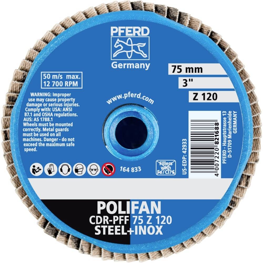 Mola abrasiva con logo di cavallo, etichetta blu, diametro 75 mm. Specifiche di utilizzo: 50 m/s, 12700 giri/min. Tipo: CDR-PFF 75 Z 120.