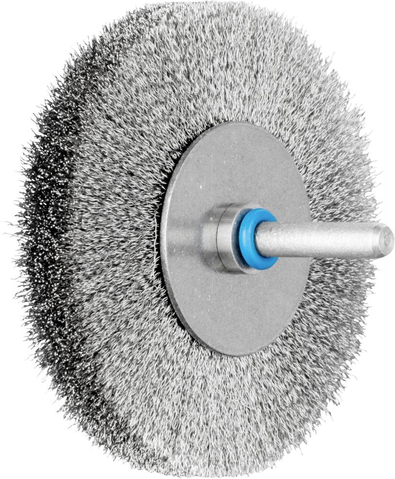 Una spazzola rotonda con setole metalliche e un inserto blu, adatta per la pulizia di superfici e la rimozione della ruggine.