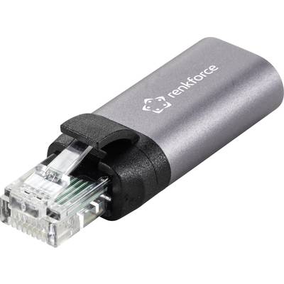 Un adattatore di rete color argento della marca Renkforce con un connettore RJ45 su un lato, per la connessione con un cavo di rete.
