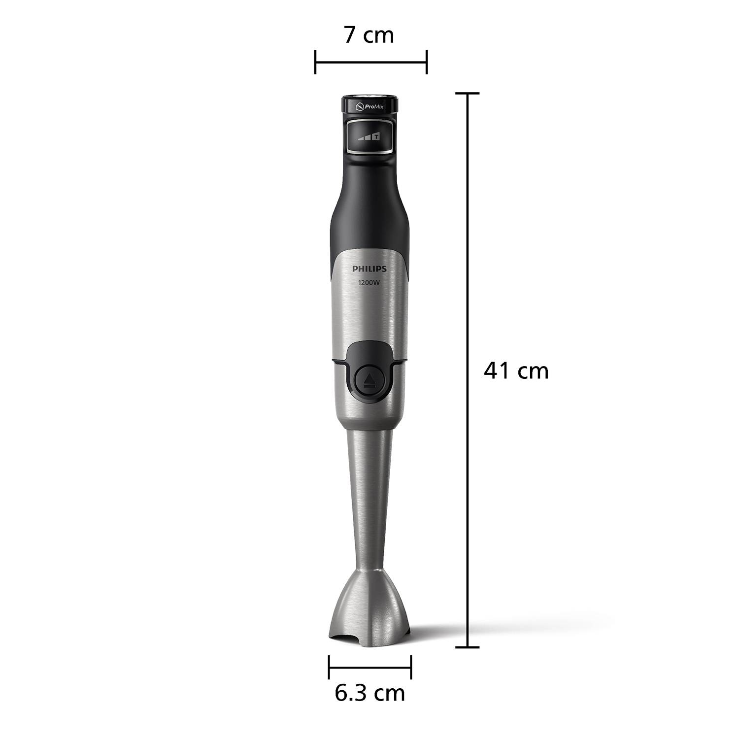 Frullatore a immersione con involucro argentato, dimensioni: altezza 41 cm, larghezza 7 cm, profondità 6,3 cm.