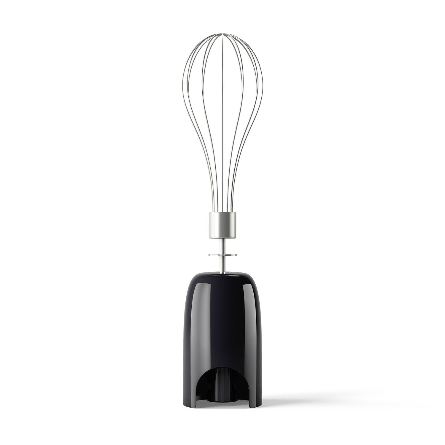 Un mixer elettrico manuale con fruste in acciaio inossidabile su una base nera, adatto per mescolare e montare ingredienti in cucina.