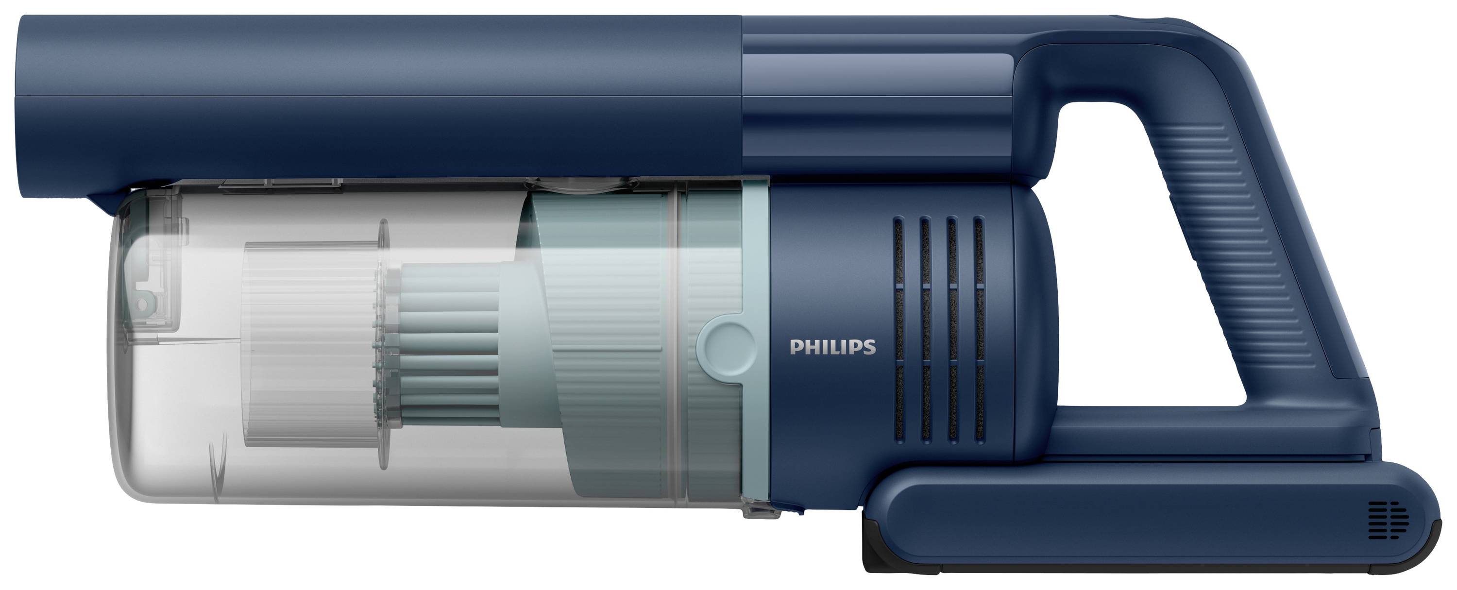 Aspirapolvere portatile senza fili in blu. A sinistra si trova il contenitore della polvere trasparente, a destra l'impugnatura ergonomica.