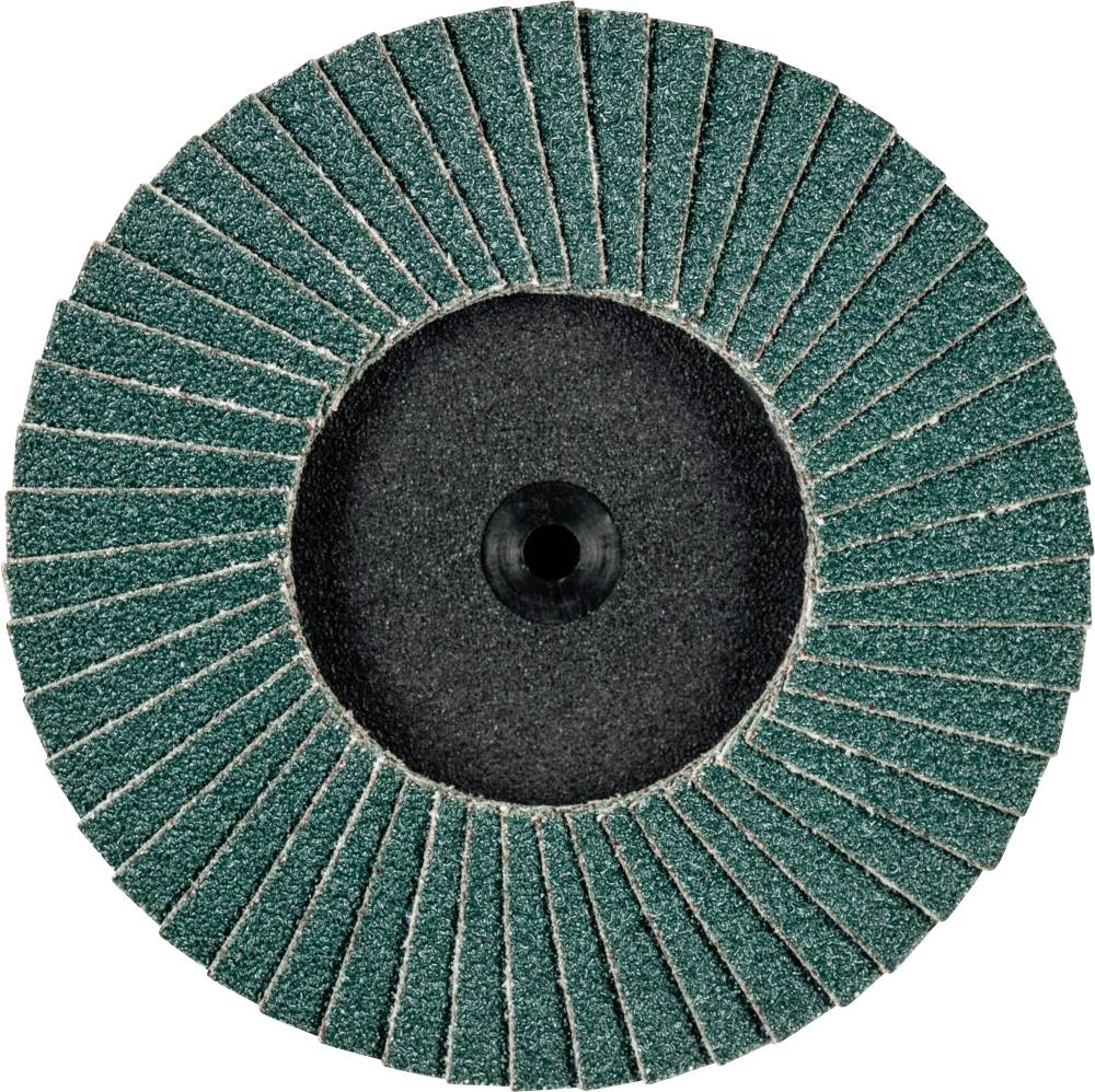 Un abrasivo con un design circolare a ventaglio in verde e nero, utilizzato per levigare e lisciare materiali.