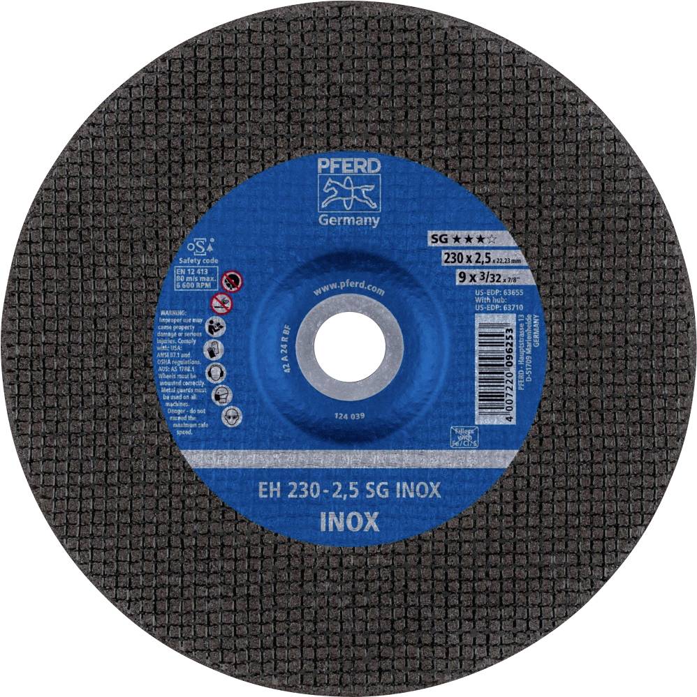 'Disco abrasivo per lavorazione metalli, marca PFERD, diametro 230 mm, spessore 2,5 mm, idoneo per Inox, etichetta blu.'