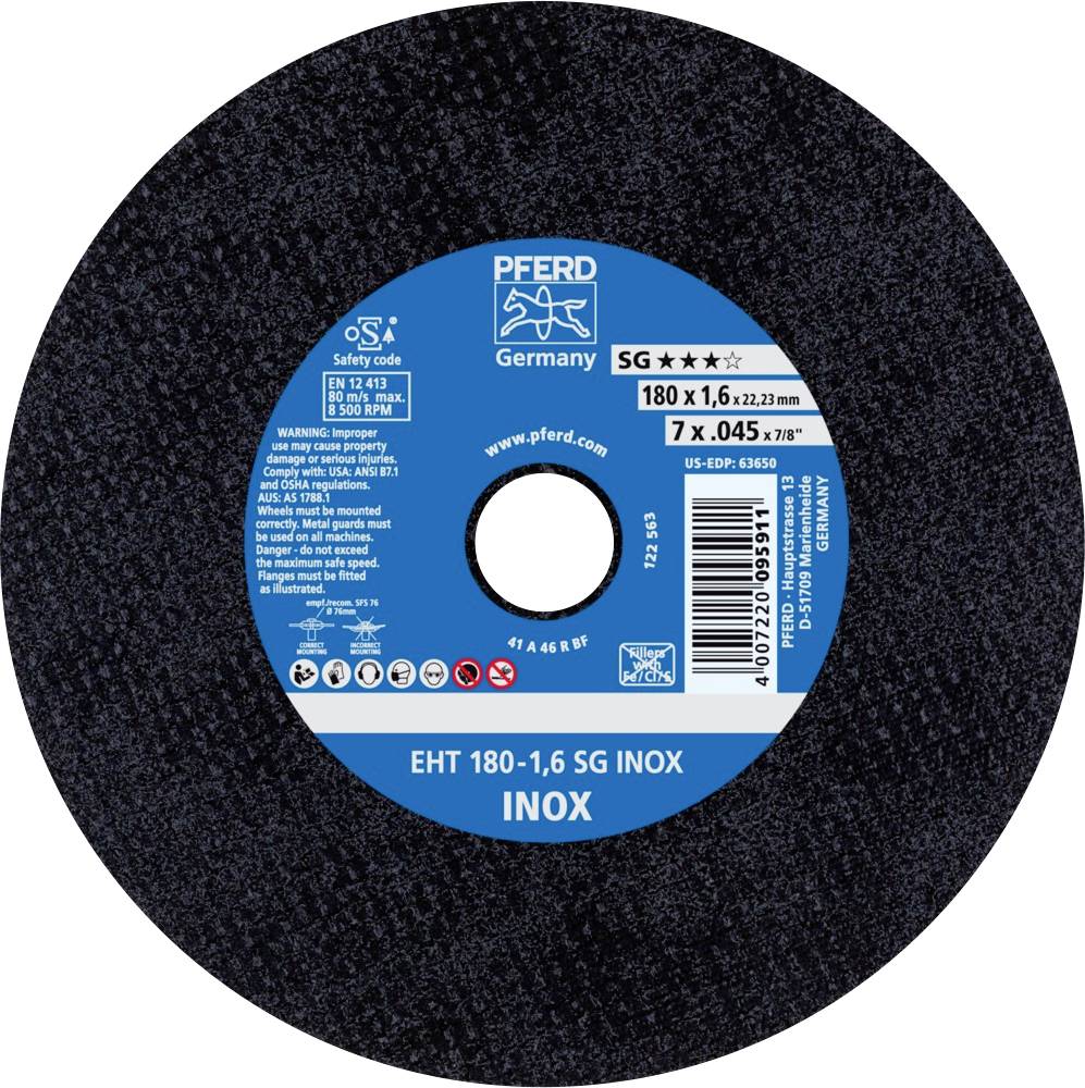 Mola abrasiva con scritta 'EHT 180-1,6 SG INOX'. Dettagli sulle dimensioni: 180 x 1,6 mm, 7 x 0,045 pollici. Nome del marchio in alto: Pferd Germany.